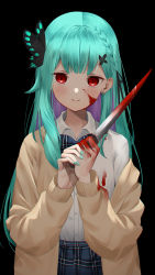 Rule 34 | 1girl, absurdres, black background, blood, blood on clothes, blood on face, bloody knife, blue bow, blue bowtie, blue skirt, blush, bow, bowtie, brown jacket, butterfly hair ornament, closed mouth, collared shirt, colored inner hair, commentary request, earrings, green hair, green nails, hair behind ear, hair ornament, hair ribbon, heart, heart earrings, highres, holding, holding knife, hololive, jacket, jewelry, knife, long hair, long sleeves, looking at viewer, multicolored hair, nail polish, open clothes, open jacket, plaid, plaid skirt, purple hair, red eyes, ribbon, school uniform, shirt, simple background, skirt, smile, solo, upper body, uruha rushia, uruha rushia (school uniform), virtual youtuber, yuya (yuya illust)