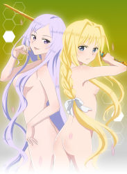 Rule 34 | 2girls, alice zuberg, ao (korindou), ass, blonde hair, blue eyes, bow, braid, breasts, completely nude, cowboy shot, green background, hair bow, hair censor, hair over breasts, holding, holding sword, holding weapon, long hair, looking at viewer, medium breasts, multiple girls, nude, osmanthus blade, purple eyes, quinella, shiny skin, sideboob, silver hair, single braid, standing, sword, sword art online, very long hair, weapon, white bow