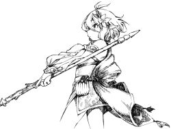 1girl abara_heiki ahoge belt_pouch detached_sleeves flower greyscale hair_flower hair_ornament holding holding_staff holding_weapon jewelry kokkoro_(princess_connect!) monochrome pointy_ears pouch princess_connect! ring simple_background sketch solo staff upper_body weapon white_background