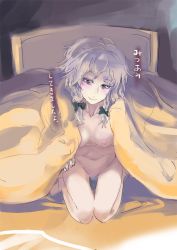 Rule 34 | 1girl, blanket, braid, breasts, female pubic hair, izayoi sakuya, looking at viewer, nipples, nude, pubic hair, ribbon, short hair, silver hair, sinzan, smile, solo, touhou, translation request, twin braids, under covers