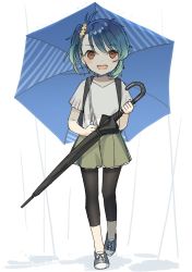 Rule 34 | 1girl, black leggings, blouse, blue hair, blue umbrella, brown eyes, commentary request, fukae (kancolle), full body, gradient hair, green shorts, grey footwear, grey shirt, holding, holding umbrella, kantai collection, leggings, looking at viewer, multicolored hair, official alternate costume, one-hour drawing challenge, rain, shirt, shoes, short hair, shorts, side ponytail, sidelocks, sneakers, solo, umbrella, yamashichi (mtseven)