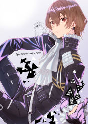 Rule 34 | 2boys, :d, akechi gorou, amamiya ren, ascot, biker clothes, black fire, black gloves, brown hair, cezaria, character name, cosplay, earrings, expressionless, fire, frilled sleeves, frills, gloves, hair between eyes, half gloves, highres, jewelry, lio fotia, lio fotia (cosplay), long sleeves, mad burnish, male focus, mouse (animal), multiple boys, open mouth, persona, persona 5, popped collar, promare, purple fire, red eyes, short hair, smile, solo focus, triangle earrings