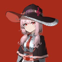 Rule 34 | 1girl, black capelet, black hat, capelet, chinese commentary, closed mouth, collared shirt, commentary request, hat, long hair, looking at viewer, low twintails, maidcode1023, necktie, original, pink hair, red background, red eyes, red necktie, shirt, sidelocks, simple background, solo, twintails, upper body, white shirt, witch hat