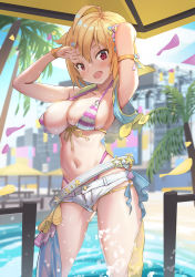 Rule 34 | 1girl, absurdres, ahoge, arm strap, belt, bikini, bikini under clothes, blonde hair, blush, bow, breasts, clam shell, confetti, contrapposto, covered erect nipples, cropped vest, curvy, day, female focus, front-tie bikini top, front-tie top, gluteal fold, hair bow, highleg, highleg bikini, highres, ibuki tsubasa, idolmaster, idolmaster million live!, idolmaster million live! theater days, juu p, large breasts, looking at viewer, loose belt, micro shorts, navel, open clothes, open mouth, open vest, outdoors, partially visible vulva, pink bikini, pool, railing, red eyes, short hair, shorts, showgirl skirt, skindentation, smile, solo, stage, star (symbol), stomach, strap gap, striped bikini, striped clothes, swimsuit, thong bikini, upshorts, vest, water, white belt, white shorts, wristband