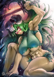 Rule 34 | 1girl, abs, arrancar, bleach, breasts, facial mark, green hair, highres, huge breasts, large breasts, long hair, muscular, muscular female, nelliel tu odelschwanck, number tattoo, red eyes, skull, skull on head, solo, sword, tagme, tattoo, the golden smurf, thighs, underboob, weapon