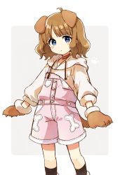 Rule 34 | 1girl, ahoge, animal ears, black socks, blue eyes, blunt bangs, bone print, border, brown hair, buttons, character request, child, copyright request, denim, dog ears, dog girl, dog tail, dot mouth, dot nose, grey background, highres, hood, hood down, hoodie, light blush, long sleeves, looking at viewer, outside border, overalls, paw print, pink overalls, single strap, socks, solo, standing, tail, toro (shiro), white border, white hoodie