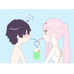 Rule 34 | 10s, 1boy, 1girl, bad id, bad twitter id, bare shoulders, black hair, blush, closed eyes, commentary, couple, cup, darling in the franxx, difxx pcc, drink, drinking, drinking straw, green eyes, hair ornament, hairband, hetero, highres, hiro (darling in the franxx), horns, long hair, looking at another, one-piece swimsuit, oni horns, pink hair, ponytail, red horns, sharing food, short hair, swimsuit, topless male, white hairband, white one-piece swimsuit, zero two (darling in the franxx)