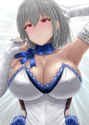 Rule 34 | 1girl, archstreal, arm behind head, armpits, azur lane, blue nails, blue scarf, blush, breasts, cleavage, closed mouth, collarbone, cross, cross earrings, dress, earrings, elbow gloves, fingerless gloves, gloves, grey hair, hand up, highres, jewelry, large breasts, lips, looking at viewer, mole, mole on breast, mole under eye, nail polish, purple eyes, saint-louis (azur lane), saint-louis (holy knight&#039;s resplendence) (azur lane), saint-louis (holy knight&#039;s resplendence) (azur lane), scarf, short hair, simple background, solo, sweatdrop, white dress, white gloves
