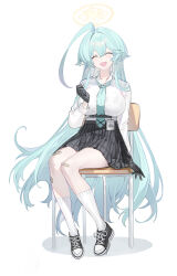 Rule 34 | 1girl, ^ ^, absurdres, ahoge, aqua hair, aqua necktie, bandaid, bandaid on leg, black gloves, black skirt, blue archive, blush, breasts, chair, chest harness, closed eyes, echj, facing viewer, gloves, halo, harness, highres, huge ahoge, id card, kneehighs, large breasts, long hair, long sleeves, necktie, on chair, plaid, plaid skirt, pleated skirt, school chair, school uniform, shirt, shirt tucked in, simple background, sitting, skirt, smile, socks, solo, very long hair, white background, white shirt, white socks, yume (blue archive)