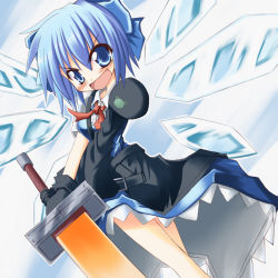Rule 34 | 1girl, advent cirno, blue eyes, blue hair, blush, bow, cirno, detached wings, hair bow, ice, ice wings, long sleeves, matching hair/eyes, open mouth, short hair, short sleeves, solo, sword, touhou, weapon, wings, yuuji (itadon)
