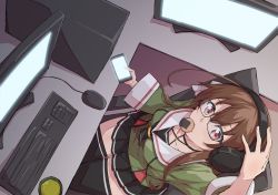 Rule 34 | .live, 1girl, absurdres, bespectacled, brown hair, cellphone, chair, collarbone, commentary request, computer, cookie, food, food in mouth, glasses, headband, headphones, highres, keyboard, long hair, looking at viewer, monitor, mouse (computer), phone, red eyes, sakuria, school uniform, solo, tea, virtual youtuber, yaezawa natori