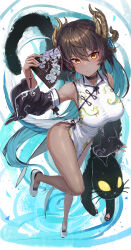 Rule 34 | 1girl, absurdres, armpits, bare legs, bare shoulders, black cat, black choker, black hair, black sleeves, blue hair, breasts, cat, choker, closed mouth, colored inner hair, dark-skinned female, dark skin, detached sleeves, dragon horns, dragon tail, dress, expressionless, folding fan, foreshortening, hand fan, highres, holding, holding fan, horns, kokukyukeo, large breasts, long hair, long sleeves, looking at viewer, multicolored hair, no panties, original, pelvic curtain, shoes, sleeveless, sleeveless dress, solo, tail, thighs, very long hair, white dress, white footwear, wide sleeves, wing collar, yellow eyes