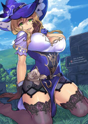 Rule 34 | 1girl, adapted costume, artist name, barefoot, black gloves, black thighhighs, blonde hair, blue flower, blue rose, breasts, cloud, cloudy sky, commentary, cosplay, day, dress, english commentary, flower, genshin impact, gloves, grass, green eyes, grey flower, grin, hand on own face, hat, hat flower, kneeling, large breasts, lisa (genshin impact), loincloth, looking at viewer, outdoors, patreon logo, patreon username, pelvic curtain, purple dress, purple flower, purple hat, redjet, rose, sky, smile, thighhighs, watermark, web address, witch hat