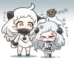 Rule 34 | 2girls, abyssal ship, ahoge, asimo953, bare shoulders, barefoot, blush, chibi, collar, colored skin, dress, full body, headpat, horns, kantai collection, long hair, messy hair, mittens, multiple girls, northern little sister, northern ocean princess, orange eyes, pale skin, red eyes, simple background, single horn, sleeveless, sleeveless dress, smoke, standing, tearing up, tears, torn clothes, translation request, white dress, white hair, white mittens, white skin