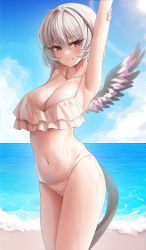Rule 34 | 1girl, absurdres, arm up, armpits, arpiel, bad id, bad pixiv id, beach, bikini, biya (1024), blue sky, blush, breasts, cloud, day, hair between eyes, hannah (arpiel), highres, large breasts, looking at viewer, navel, ocean, outdoors, parted lips, red eyes, short hair, single wing, sky, solo, standing, sun, sunlight, sweat, swimsuit, tail, thighs, white bikini, white hair, wings