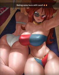 Rule 34 | 2girls, android 18, android 21, armor, ass, bikini, blonde hair, breasts, can, cleavage, dragon ball, dragon ball fighterz, dragonball z, drink can, echo saber, english text, faceless, faceless female, fake phone screenshot, fake screenshot, highres, japanese armor, large breasts, multiple girls, one eye closed, shiny skin, shoulder armor, snapchat, soda can, sode, sunglasses, swimsuit, tongue, tongue out, wink, yuri