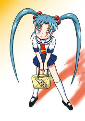 Rule 34 | 1girl, artist request, bag, blue hair, carrot, child, hair ornament, long hair, long shadow, looking at viewer, masaki sasami jurai, pretty sammy, pretty sammy (character), red eyes, ryou-ouki, shadow, shopping bag, simple background, smile, source request, standing, tenchi muyou!