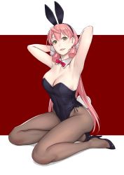 Rule 34 | 1girl, akashi (kancolle), alternate costume, animal ears, bare arms, bare shoulders, blush, breasts, detached collar, green eyes, hair ribbon, high heels, highres, kantai collection, large breasts, leotard, long hair, looking at viewer, parted lips, pink hair, playboy bunny, rabbit ears, rabbit tail, red background, ribbon, simple background, sitting, smile, solo, tress ribbon, very long hair, yuuji (and)