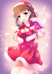 Rule 34 | blue eyes, blush, bow, brown hair, capelet, christmas, cowboy shot, dress, dress bow, ear piercing, earrings, finger to mouth, fur-trimmed capelet, fur-trimmed gloves, fur trim, gloves, hat, heart, heart-shaped pupils, highres, idolmaster, idolmaster cinderella girls, jewelry, looking at viewer, medium hair, open mouth, piercing, raised eyebrows, red capelet, red dress, red gloves, sakuma mayu, santa costume, santa dress, santa gloves, santa hat, short dress, shushing, silky (silky alice), smile, snowflake background, solo, symbol-shaped pupils, twitter username