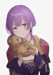 Rule 34 | 1girl, bernadetta von varley, capelet, collarbone, dress, earrings, fire emblem, fire emblem: three houses, gloves, grey eyes, highres, holding, holding stuffed toy, jewelry, long sleeves, looking at viewer, medium hair, nintendo, pana (87), purple dress, purple hair, simple background, solo, stuffed animal, stuffed toy, teddy bear, upper body, white background, yellow capelet, yellow gloves