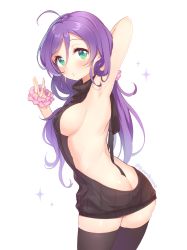 Rule 34 | 10s, 1girl, adjusting hair, ahoge, arm up, armpits, ass, backless dress, backless outfit, bare arms, bare back, bare shoulders, black thighhighs, breasts, butt crack, cowboy shot, dress, from side, green eyes, hair between eyes, highres, long hair, looking to the side, love live!, love live! school idol project, medium breasts, meme attire, moorina, purple hair, scrunchie, sideboob, solo, sweater, sweater dress, thighhighs, tojo nozomi, virgin killer sweater