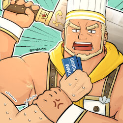 Rule 34 | 2boys, anger vein, armpit hair, bara, beard, blonde hair, chef, chef hat, crave saga, dark-skinned male, dark skin, excalibur (crave saga), eyebrow cut, facial hair, forked eyebrows, frown, gacha, gift card, grabbing another&#039;s arm, hat, holding, holding knife, hood, hood down, knife, large pectorals, male focus, mature male, multiple boys, muscular, muscular male, nipple slip, nipples, official alternate costume, pectorals, rongjie, short hair, shouting, sidepec, solo focus, speed lines, sweatdrop, thick eyebrows, trembling, upper body, yaoi