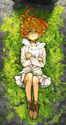 Rule 34 | 1girl, ahoge, artist name, brown footwear, clenched hand, crossed arms, dot nose, dress shirt, emma (yakusoku no neverland), findoworld, full body, gradient hair, grass, green eyes, highres, hugging object, knees up, lone nape hair, long sleeves, looking up, lying, multicolored hair, neck tattoo, ominous shadow, on back, on grass, orange hair, parted lips, pleated skirt, shadow, shirt, shoelaces, shoes, skirt, solo, stuffed animal, stuffed rabbit, stuffed toy, tattoo, white shirt, white skirt, yakusoku no neverland