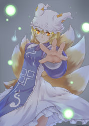 Rule 34 | 1girl, animal ears, animal hat, artist name, blonde hair, dated, dress, fox ears, fox tail, glowing, glowing eyes, gradient background, grey background, hat, highres, hitodama, kertaspata, long sleeves, looking at viewer, mob cap, multiple tails, orange eyes, outstretched arms, mob cap, short hair, smile, solo, tabard, tail, touhou, upskirt, white dress, wide sleeves, yakumo ran