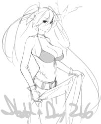 Rule 34 | 10s, 1girl, bikini, bikini top only, black rock shooter, black rock shooter (character), breasts, bursting breasts, choker, cleavage, commentary, eu03, gloves, greyscale, huge breasts, long hair, monochrome, navel, sketch, solo, swimsuit, twintails