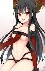 Rule 34 | 1girl, black hair, blush, breasts, chessia, chixiao, cleavage, collarbone, fang, hair between eyes, highres, long hair, looking at viewer, medium breasts, navel, open mouth, red eyes, sitting, skindentation, smile, solo, teeth, tower of saviors, underboob, wide hips