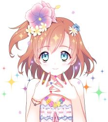 Rule 34 | 10s, 1girl, bad id, bad twitter id, blue eyes, bracelet, brown hair, flower, flower necklace, hair flower, hair ornament, jewelry, kosaka honoka, looking at viewer, love live!, love live! school idol project, multicolored nails, nail polish, necklace, ribbon-trimmed clothes, ribbon trim, short hair, side ponytail, smile, solo, sparkle, strapless, sui (gyujji), tube top, upper body