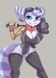 Rule 34 | alien, animal ears, blue eyes, breasts, cleavage, cooliehigh, furry, furry female, goggles, goggles on head, hammer, highres, leotard, mechanical arms, pointy ears, ratchet &amp; clank, ratchet &amp; clank: rift apart, rivet (ratchet &amp; clank), single mechanical arm, solo, striped tail, tail, thighhighs