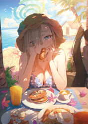 Rule 34 | 3girls, absurdres, asuna (blue archive), beach, bikini, blue archive, blue bikini, blue eyes, blue halo, breasts, cleavage, cup, day, drink, drinking glass, food, food in mouth, fried egg, fried rice, hair over one eye, halo, hat, highres, jhigf, karin (blue archive), large breasts, light brown hair, long hair, looking at viewer, mole, mole on breast, multiple girls, neru (blue archive), ocean, outdoors, palm tree, pancake, straw hat, swimsuit, tree
