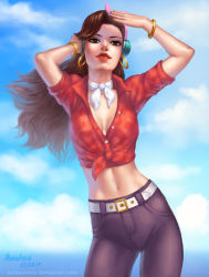 Rule 34 | 1girl, alternate hairstyle, anolea, arms up, artist name, bangle, belt, blue pants, blue sky, bracelet, breasts, brown eyes, brown hair, buttons, choker, cleavage, closed mouth, cloud, collared shirt, contrapposto, cowboy shot, cruiser d.va, d.va (overwatch), dated, day, earrings, eyeliner, fingernails, front-tie top, hair ribbon, hairband, hand on headphones, hand on own head, hand to head, hand up, headphones, highres, hoop earrings, jewelry, long hair, looking at viewer, lying, makeup, mascara, medium breasts, midriff, navel, neck ribbon, nose, official alternate costume, outdoors, overwatch, overwatch 1, pants, pink hairband, pink ribbon, plaid, plaid shirt, ponytail, red lips, red shirt, ribbon, shirt, short hair, short sleeves, signature, sky, smile, solo, standing, swept bangs, tight clothes, tight pants, white belt, white choker