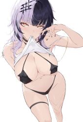Rule 34 | 1girl, absurdres, arm under breasts, bikini, black bikini, black choker, black hair, black nails, blunt bangs, breasts, camisole, choker, chyraliss, clothes in mouth, hair ornament, heart, highres, hololive, hololive english, jewelry, large breasts, long hair, mouth hold, multicolored hair, ring, shiori novella, shirt in mouth, simple background, solo, split-color hair, swimsuit, thigh strap, two-tone hair, virtual youtuber, white background, white camisole, white hair, yellow eyes