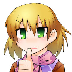 Rule 34 | 1girl, bad id, bad pixiv id, biting, blonde hair, female focus, green eyes, mizuhashi parsee, r (pixiv), ren (733), scarf, simple background, solo, thumb biting, touhou, white background