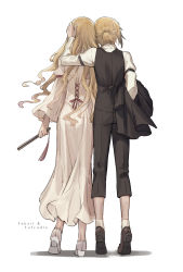 Rule 34 | 2girls, arm at side, bad id, bad pixiv id, black footwear, black jacket, black pants, black vest, blonde hair, carrying, carrying under arm, character name, character request, folded fan, cross-laced clothes, dress, facing away, folding fan, formal, from behind, full body, hand fan, hand on another&#039;s head, hand up, height difference, high heels, highres, jacket, unworn jacket, karaori, loafers, long hair, long sleeves, multiple girls, pants, ponytail, shirt, shoe soles, shoes, side-by-side, simple background, socks, standing, suit, tassel, tiptoes, touhou, very long hair, vest, white background, white dress, white legwear, white shirt, wide sleeves, yakumo yukari