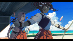 Rule 34 | 10s, 2girls, archery, arm guards, arrow (projectile), beach, blue sky, bow (weapon), brown eyes, brown hair, bush, cloud, day, floating hair, from side, gloves, hair ribbon, hairband, hakama, hakama short skirt, hakama skirt, hands on own hips, highres, horizon, japanese clothes, kakuchoshi, kantai collection, kyuudou, letterboxed, long hair, looking away, multiple girls, muneate, ocean, outdoors, parted lips, personification, plant, ribbon, shade, shoukaku (kancolle), silver hair, single glove, skirt, sky, sleeves rolled up, sunlight, sweat, twintails, very long hair, weapon, windsock, zuikaku (kancolle)