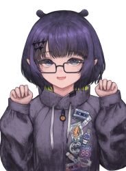 Rule 34 | 1girl, :d, absurdres, badge, black-framed eyewear, blunt bangs, blush, button badge, commentary request, coqc, drawstring, eyelashes, fang, glasses, grey jacket, hair ornament, hands up, highres, hololive, hololive english, jacket, long sleeves, looking at viewer, mole, mole under eye, ninomae ina&#039;nis, ninomae ina&#039;nis (loungewear), official alternate costume, open mouth, parted lips, pointy ears, puffy long sleeves, puffy sleeves, purple eyes, purple hair, rectangular eyewear, short hair, sidelocks, simple background, skin fang, sleeves past wrists, smile, solo, upper body, virtual youtuber, white background, zipper, zipper pull tab