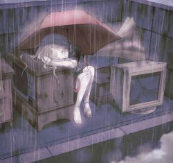 Rule 34 | 1girl, absurdres, crt, dirty, doll joints, female focus, head rest, highres, icochiya (icochiya1414), joints, monitor, original, outdoors, phonograph, rain, sitting, table, television, turntable, umbrella, wet