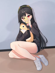 Rule 34 | 1girl, absurdres, alternate hair color, black hair, black shirt, black shorts, cellphone, covering own mouth, full body, hamburger hat, highres, holding, holding phone, hugging object, iphone, jingburger, legs together, long hair, long sleeves, looking at viewer, phone, shirt, shoes, short shorts, shorts, sitting, smartphone, sneakers, solo, stuffed animal, stuffed dog, stuffed toy, taking picture, very long hair, virtual youtuber, waktaverse, white footwear, ziro (zirorong)
