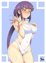 Rule 34 | 1girl, bare arms, bare shoulders, blue background, blush, border, breasts, censored yuu, closed mouth, covered navel, cowboy shot, highres, impossible clothes, large breasts, long hair, looking away, masaki aeka jurai, nose blush, one-piece swimsuit, outside border, purple hair, red eyes, sidelocks, simple background, solo, swimsuit, tenchi muyou!, thighs, tiara, twintails, very long hair, white border