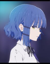 Rule 34 | 1girl, black ribbon, blue hair, bob cut, bocchi the rock!, collared shirt, commentary request, dress shirt, earrings, from side, hair ornament, jewelry, kayabakoro, letterboxed, light frown, looking at viewer, mole, mole under eye, neck ribbon, parted lips, portrait, ribbon, school uniform, shimokitazawa high school uniform, shirt, short hair, solo, stud earrings, white shirt, wing collar, yamada ryo, yellow eyes