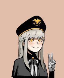 Rule 34 | 1girl, black hat, blush, braid, bright pupils, closed mouth, french braid, gloves, gogalking, grey background, grey gloves, grey hair, hand up, hat, looking at viewer, military hat, original, simple background, smile, solo, uniform girl (gogalking), v, white pupils, yellow eyes