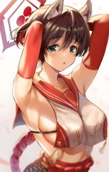 Rule 34 | 1girl, :o, animal ears, armpits, arms behind head, arms up, bad id, bad pixiv id, blue archive, blurry, blush, boba, breasts, brown hair, depth of field, elbow gloves, gloves, green eyes, halo, large breasts, looking at viewer, parted lips, red gloves, revealing clothes, short hair, skindentation, sleeveless, solo, sweat, tassel, tsubaki (blue archive), upper body