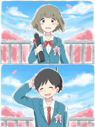 Rule 34 | 1boy, 1girl, ahoge, arm at side, arms behind head, azchipi, black hair, blazer, blue jacket, blue sky, blunt bangs, blush, bob cut, bow, bowtie, brown eyes, brown hair, cherry blossoms, closed eyes, cloud, commentary, confession, corsage, diploma, embarrassed, falling petals, floating hair, flower, graduation, hand on own chest, highres, holding, holding diploma, jacket, looking at viewer, multiple views, necktie, nervous, open mouth, original, parted lips, petals, pink flower, pov, raised eyebrows, red bow, red bowtie, red necktie, red ribbon, ribbon, school uniform, scratching head, short hair, sky, smile, tree, upper body, wavy mouth, white ribbon