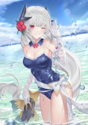 Rule 34 | 1girl, bare shoulders, blue one-piece swimsuit, blue sky, bow, bowtie, breasts, casual one-piece swimsuit, cleavage, cloud, commentary, day, detached collar, dmith, dragon girl, dragon horns, dutch angle, elbow gloves, english commentary, fate/grand order, fate (series), flower, gloves, grey hair, grin, hair flower, hair ornament, hand up, head tilt, hibiscus, holding, horns, kiyohime (fate), kiyohime (fate/grand order), kiyohime (swimsuit lancer) (fate), kiyohime (swimsuit lancer) (second ascension) (fate), kiyohime (third ascension) (fate), legs together, lens flare, long hair, looking at viewer, low-tied long hair, medium breasts, multiple horns, ocean, one-piece swimsuit, one eye closed, outdoors, red bow, red bowtie, red eyes, red flower, sandals, unworn sandals, shiny skin, sidelocks, sky, smile, solo, standing, sunlight, swimsuit, very long hair, wading, waving, wet, wet clothes, wet swimsuit, white bow, white gloves, yellow bow