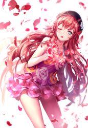 Rule 34 | 1girl, bare shoulders, blue eyes, contrapposto, hat, irua, long hair, looking at viewer, one eye closed, open mouth, petals, pretty series, pretty rhythm, pretty rhythm rainbow live, red hair, renjouji beru, skirt, solo, standing, wind