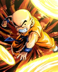 Rule 34 | 1boy, angry, baggy pants, bald, biceps, blue sash, clenched hand, clenched teeth, commentary request, dougi, dragon ball, dragon ball (classic), energy, facial mark, forehead mark, highres, incoming attack, incoming punch, kouji08250, kuririn, looking at viewer, male focus, muscular, one eye closed, orange pants, pants, parted lips, punching, sash, solo, teeth, v-shaped eyebrows, wristband