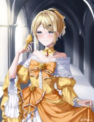 Rule 34 | 1girl, absurdres, aku no musume (vocaloid), bare shoulders, bird, bird on hand, blonde hair, blue eyes, blush, bow, bracelet, breasts, brooch, castle, choker, collarbone, detached collar, dress, dress bow, dress flower, earrings, flower, frilled choker, frilled sleeves, frills, gem, hair bow, hair ornament, hairclip, hallway, high ponytail, highres, jewelry, kagamine rin, narrow waist, off-shoulder dress, off shoulder, orange bow, petticoat, puffy sleeves, red gemstone, riliane lucifen d&#039;autriche, rilianez, sidelocks, signature, skirt hold, small breasts, smile, solo, stone floor, stone pillar, swept bangs, twitter username, updo, vocaloid, wide sleeves, yellow bow, yellow choker, yellow flower, yellow nails